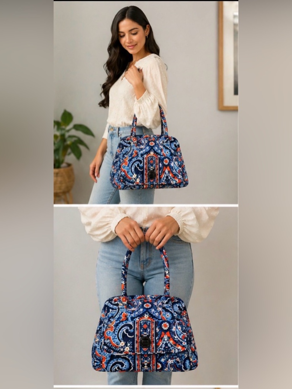 Vera Bradley Navy Paisley Quilted Tote with Orange Accents